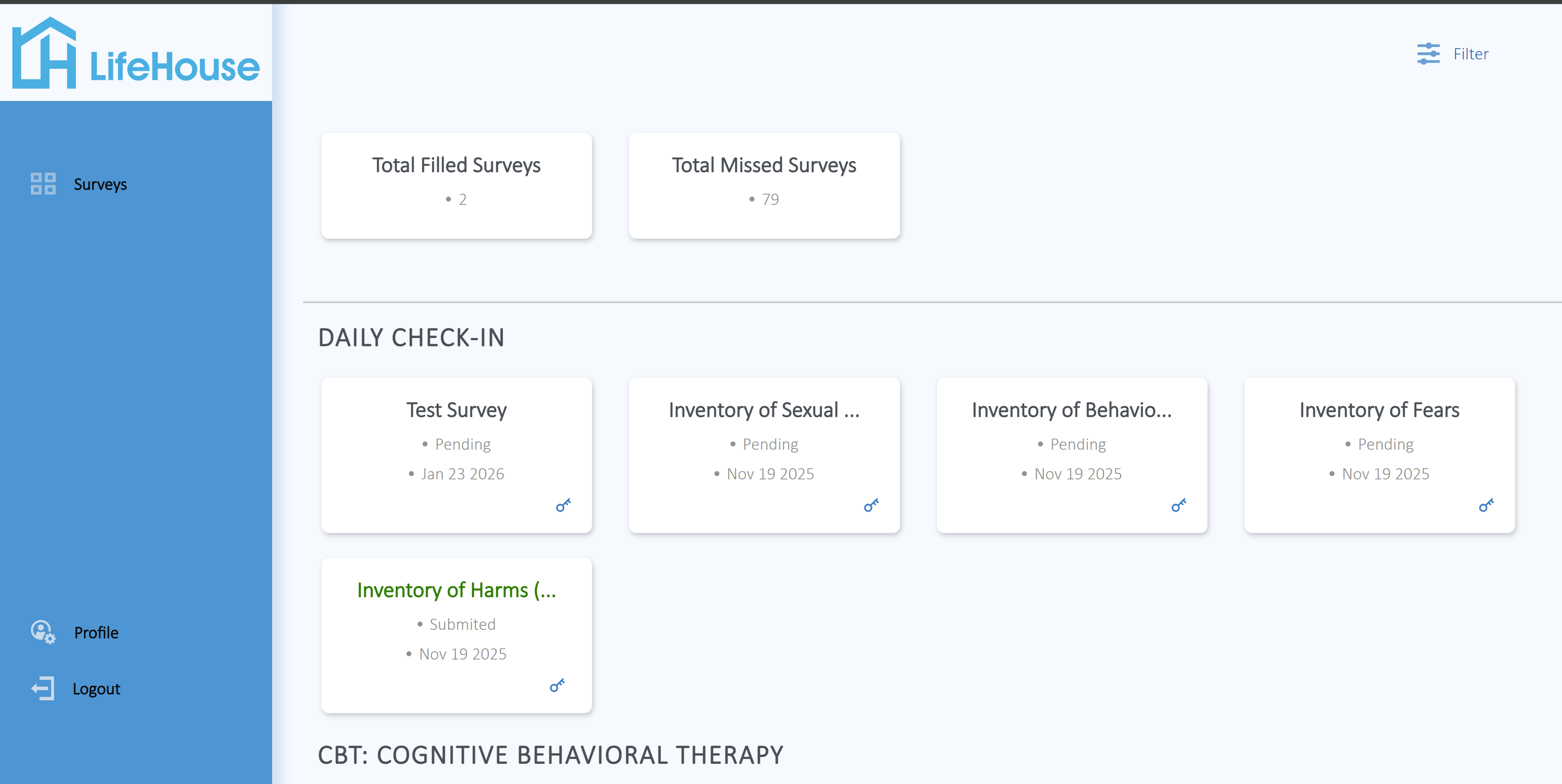 Survey Recovery app — daily goal tracking screen